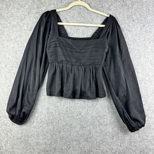Abercrombie & Fitch Emerson Top Womens S Black Satin Babydoll Peplum Long Sleeve